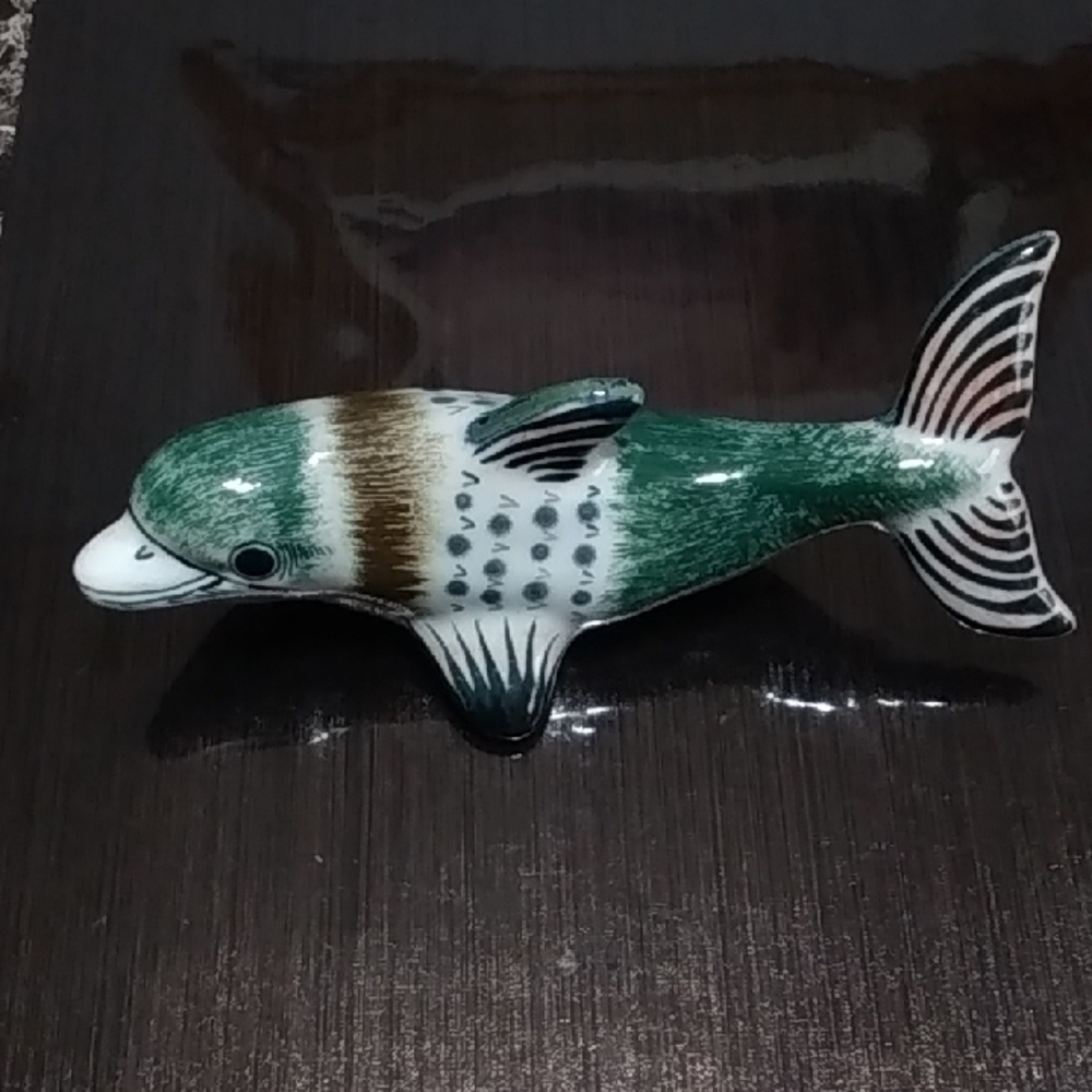 Aquatic Ceramic Dolphin Ornament - Green, Brown, and White